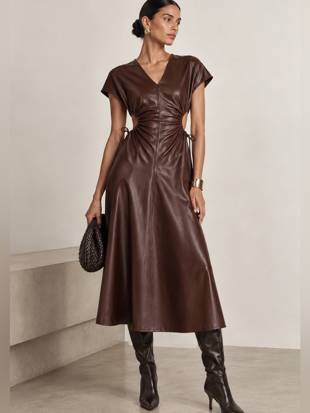 7 for All Mankind Brown Faux Leather Cutout Midi Dress Size XS